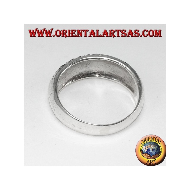 Silver ring with a rounded band with three rows of marcasite