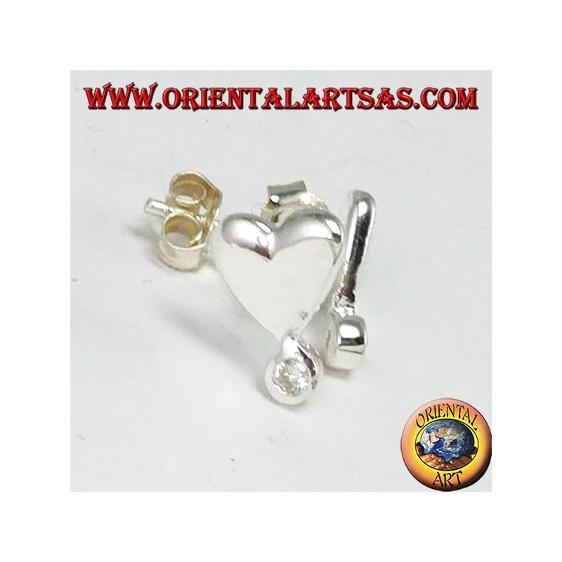 Silver lobe earrings with a heart with a zircon on the tip