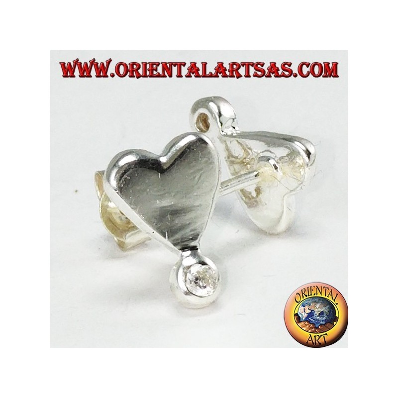 Silver lobe earrings with a heart with a zircon on the tip
