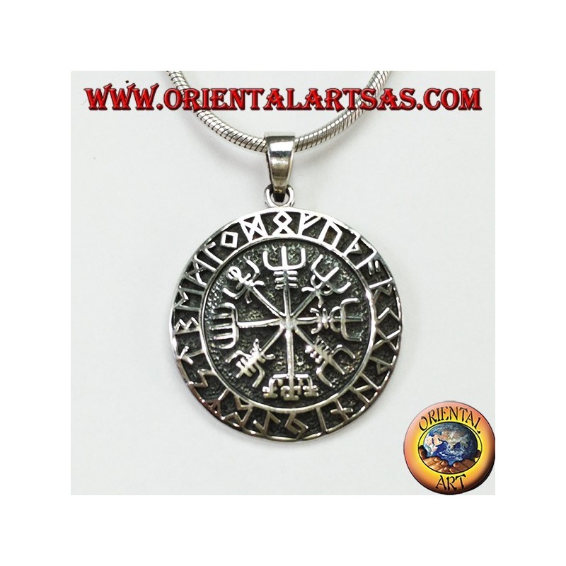 Ciondolo d'argento aegishjalmur e vegvisir con rune celtiche (grande)