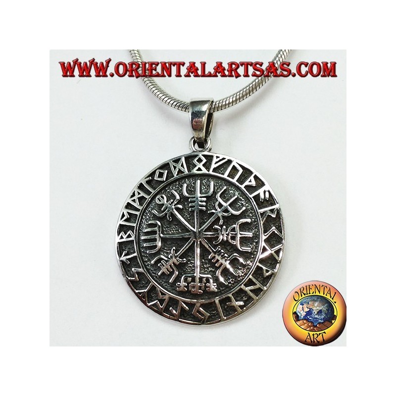Silberner Anhänger Aegishjalmur und Vegvisir mit keltischen Runen (groß)