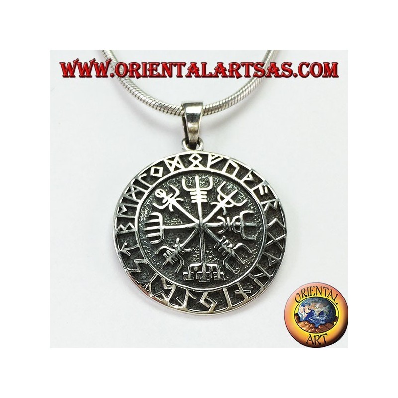 Silver pendant aegishjalmur and vegvisir with Celtic runes (large)