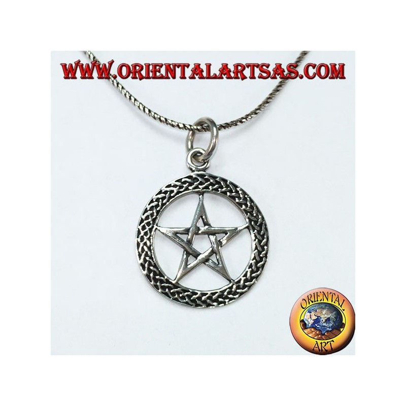 Silver pendant in pentacle, star in the braided circle