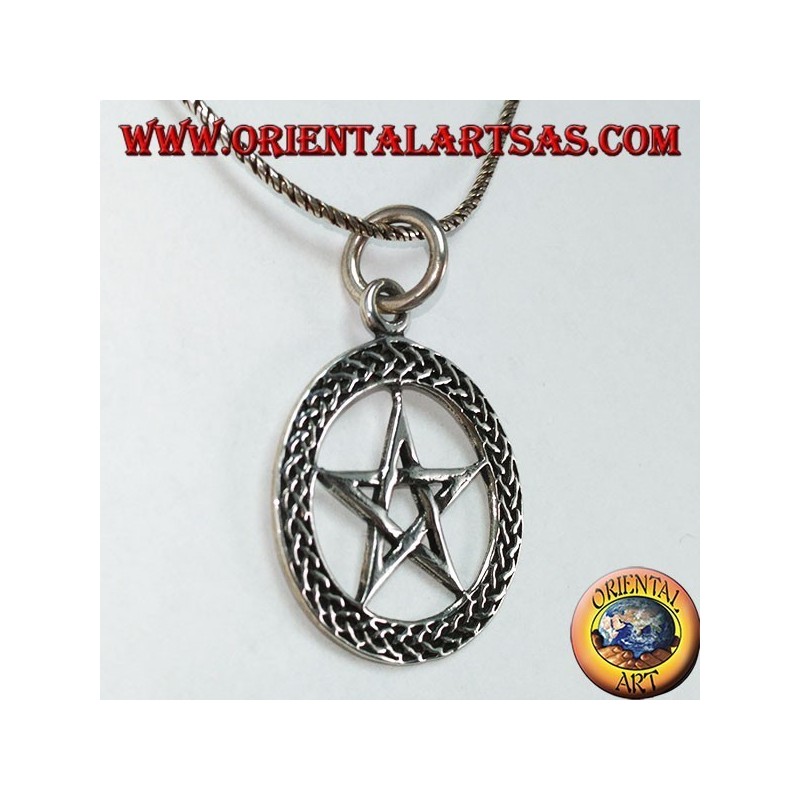 Silver pendant in pentacle, star in the braided circle