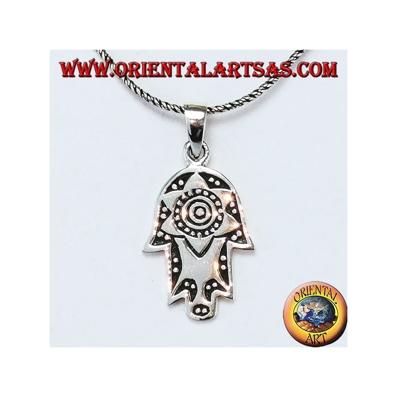 Ciondolo in argento mano di Fatima Hamsa o Khamsa con stella di Davide