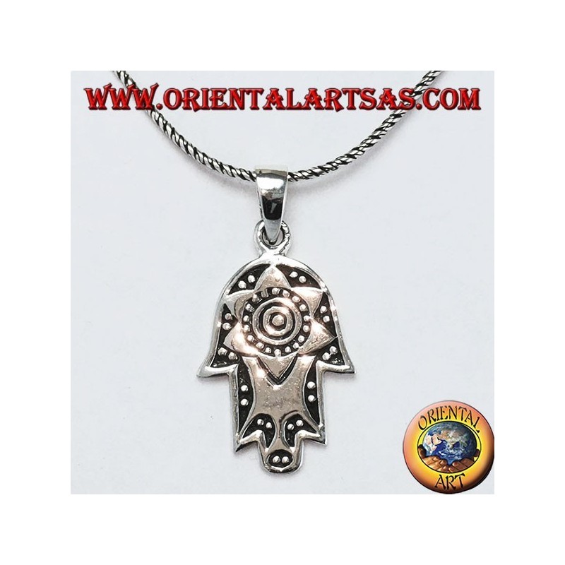 Ciondolo in argento mano di Fatima Hamsa o Khamsa con stella di Davide