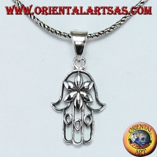 Silberne Anhängerhand von Fatima Hamsa oder Khamsa mit Blume der Liebe