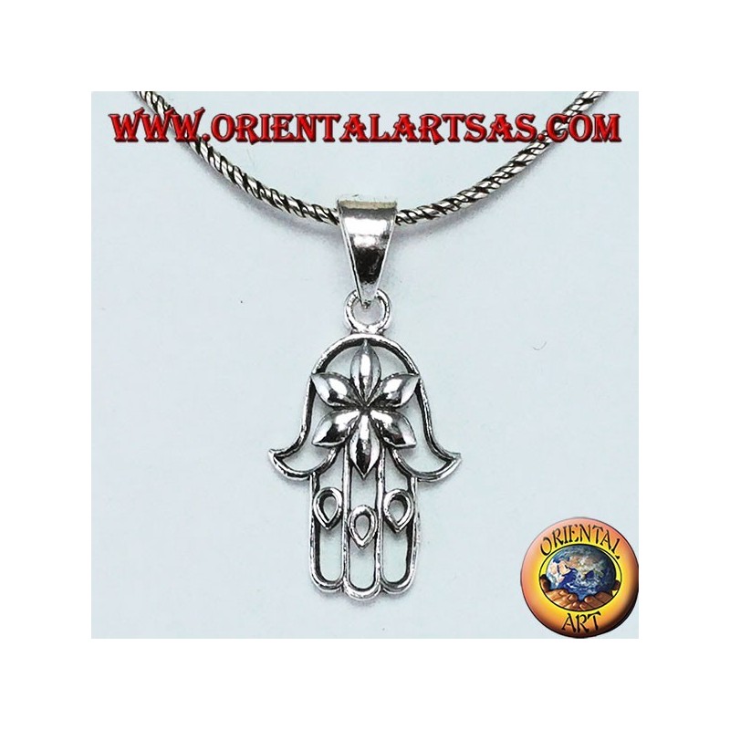 Silberne Anhängerhand von Fatima Hamsa oder Khamsa mit Blume der Liebe
