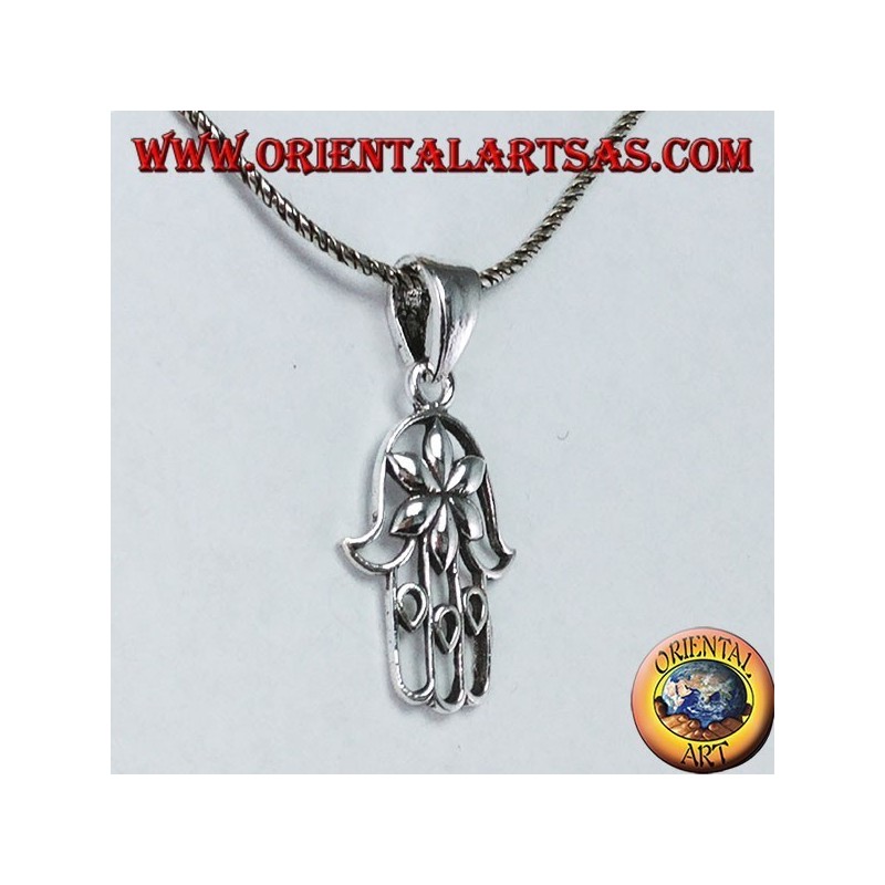 Colgante de plata de Fátima Hamsa o Khamsa con flor de amor