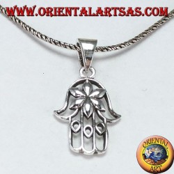 Silver pendant hand of Fatima Hamsa or Khamsa with flower of love