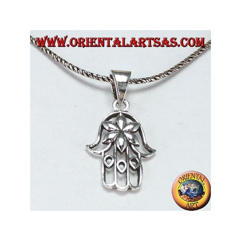Silver pendant hand of Fatima Hamsa or Khamsa with flower of love