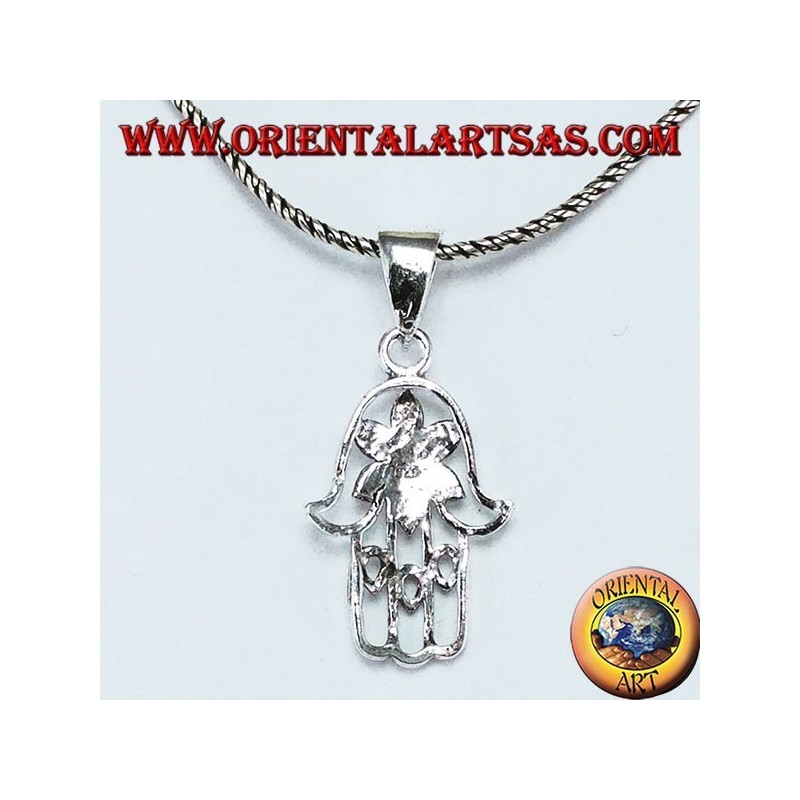 Ciondolo in argento mano di Fatima Hamsa o Khamsa con fiore dell'amore