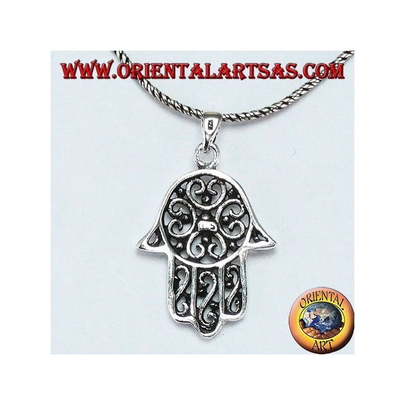 Ciondolo mano di Fatima  o di Miriam Hamsa in argento 925‰ traforata fiore
