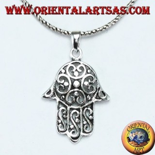 Handanhänger von Fatima oder Miriam Hamsa aus 925er Silber mit durchbrochener Blume