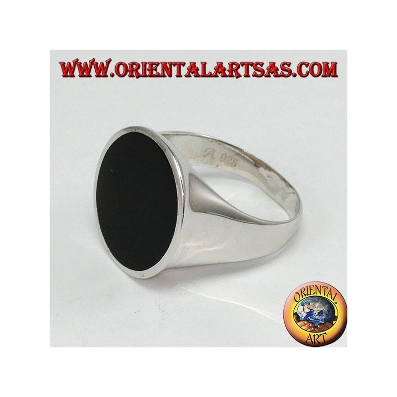 Bague en argent avec onyx plat rond (grand)