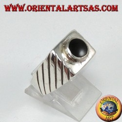Silver ring with raised round onyx on a square base