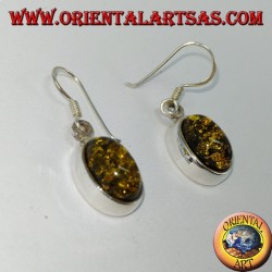 Pendant earring with green oval amber in silver