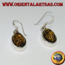 Pendant earring with green oval amber in silver
