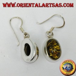 Boucle d'oreille pendante avec ambre ovale vert en argent