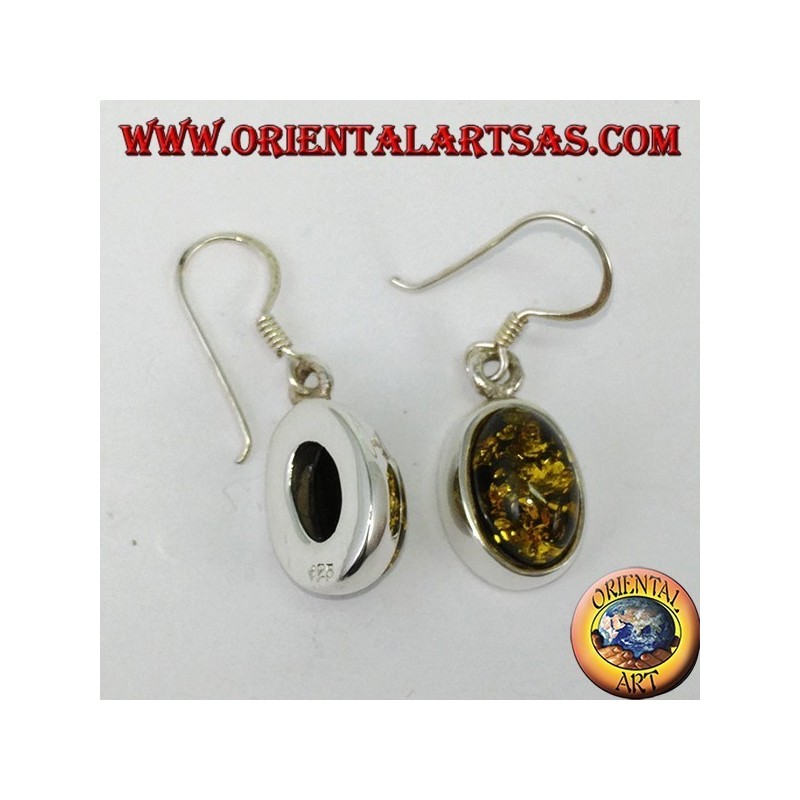 Pendiente colgante con ámbar oval verde en plata
