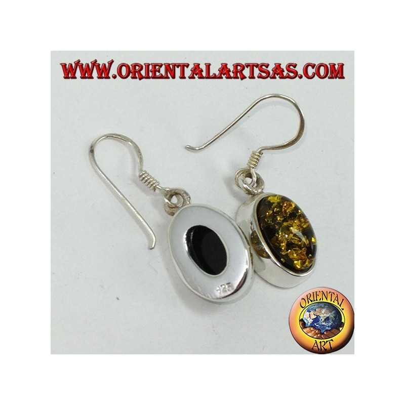 Pendant earring with green oval amber in silver