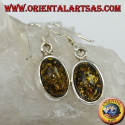 Orecchino pendente con Ambra verde ovale in argento