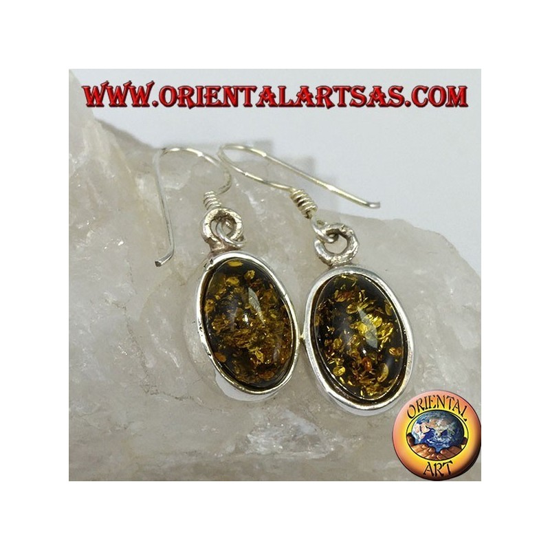 Boucle d'oreille pendante avec ambre ovale vert en argent
