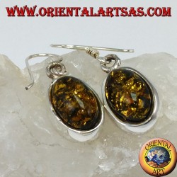 Pendiente colgante con ámbar oval verde en plata