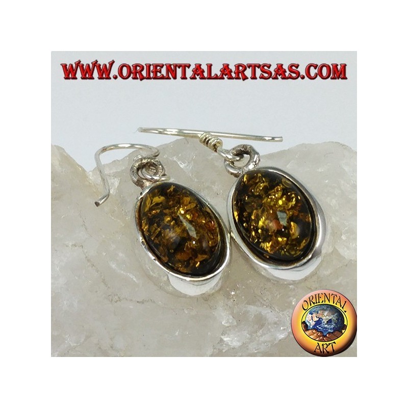 Pendiente colgante con ámbar oval verde en plata