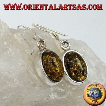 Orecchino pendente con Ambra verde ovale in argento