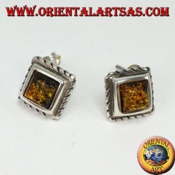 Boucle d'oreille pendante avec ambre ovale vert en argent