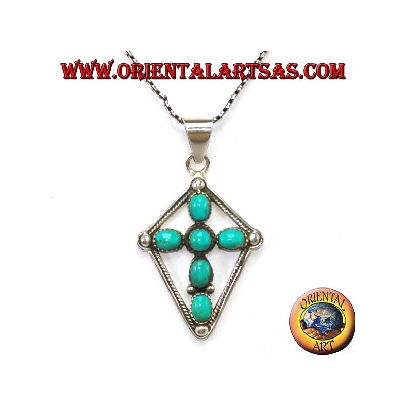 Cross pendant in silver with oval turquoise