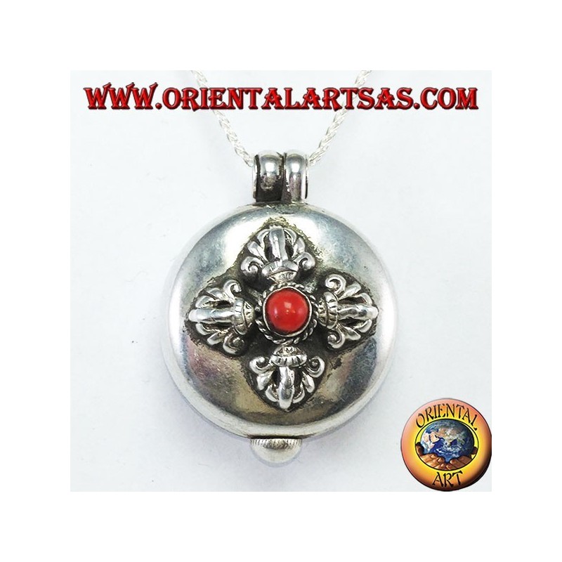 Gao Kalachakra pendant in silver with double dorje and coral