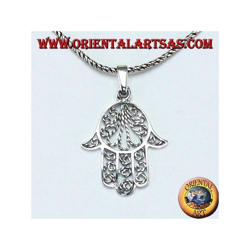 Hand pendant of Fatima or Miriam Hamsa in 925 ‰ silver filigree workmanship