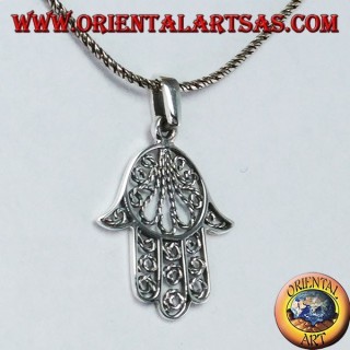 Ciondolo mano di Fatima  o di Miriam Hamsa in argento 925‰ lavorazione a  filigrana