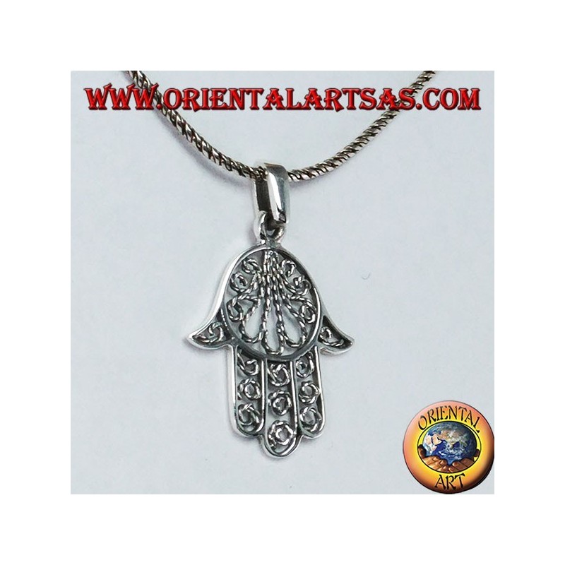 Pendentif main de Fatima ou Miriam Hamsa en argent 925 fil filigrané