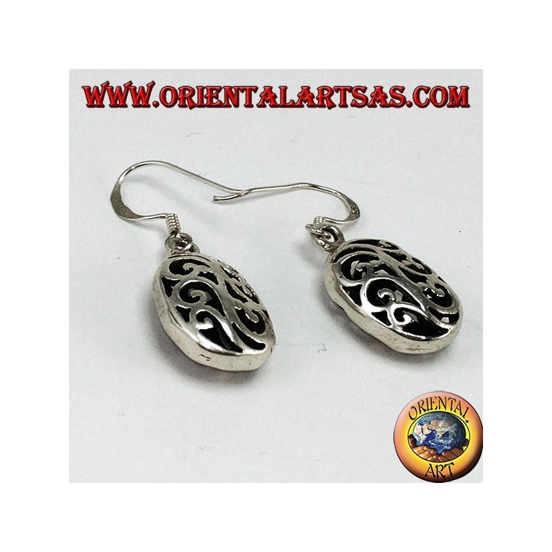 Silver pendant earrings with double-faced pierced ovals