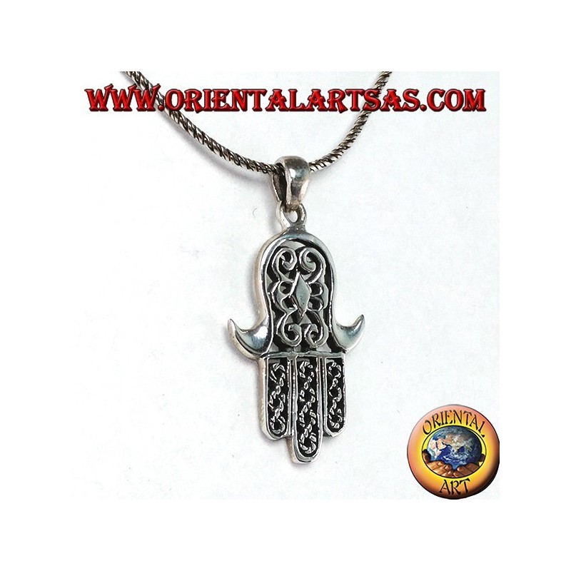 Ciondolo in argento 925‰ mano di Miriam di Fatima Hamsa intagliata