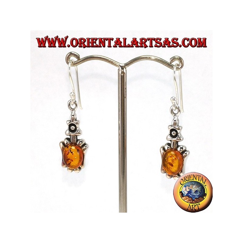 Silver pendant earrings with oval amber