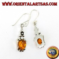 Silver pendant earrings with oval amber