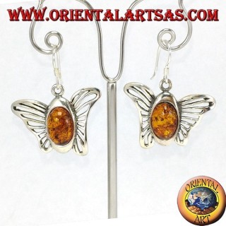 Silver butterfly earrings with oval amber