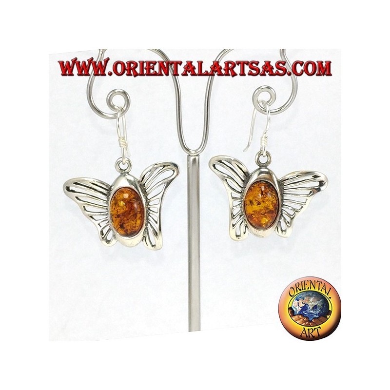 Silver butterfly earrings with oval amber