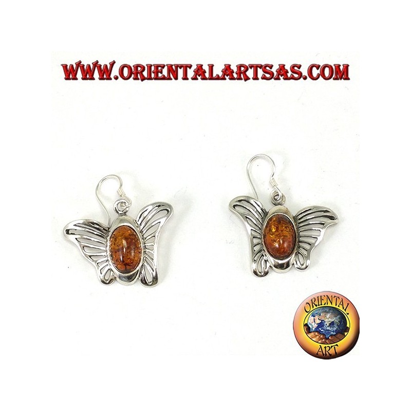 Silver butterfly earrings with oval amber