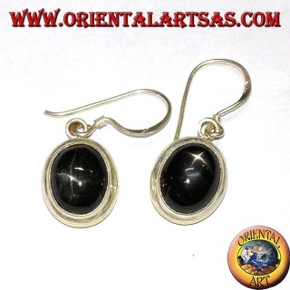 Silver drop earrings with Black star (starry Diopside) oval