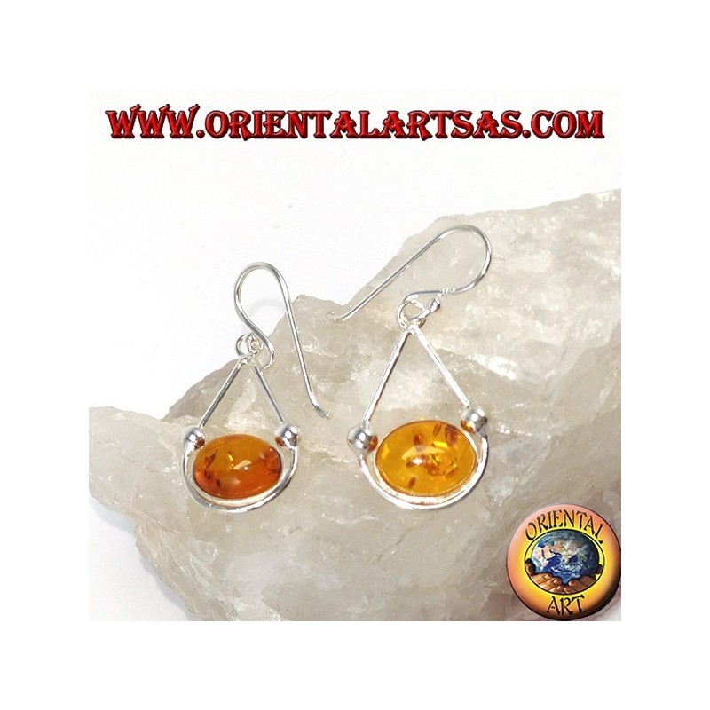 Simple pendant silver earrings with oval amber