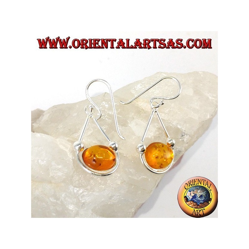 Simple pendant silver earrings with oval amber
