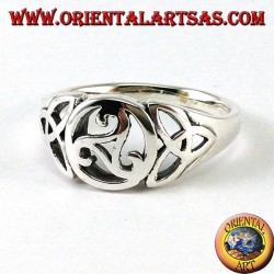 Silver ring with central triskell and two knots of tyrone