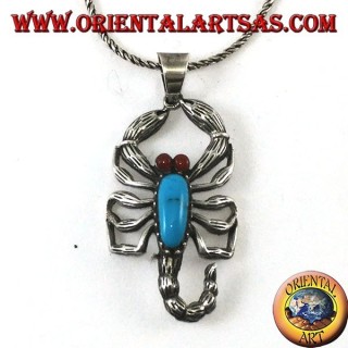 Colgante de plata, escorpión con ojos color turquesa y cornalina