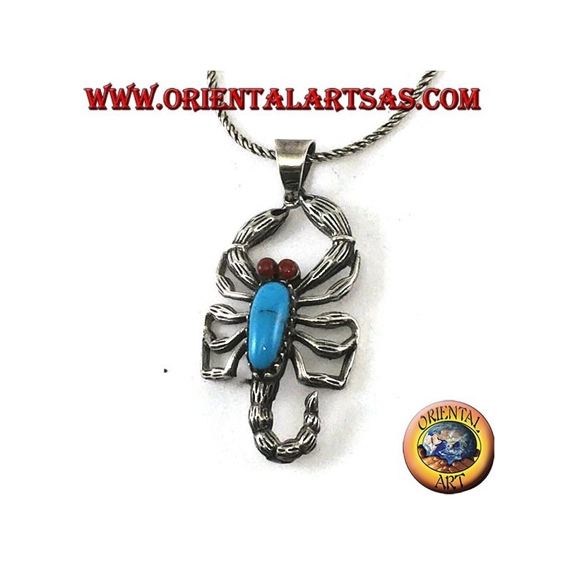 Colgante de plata, escorpión con ojos color turquesa y cornalina
