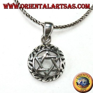 Silver pendant with a star of David intertwined with six points with decorations around